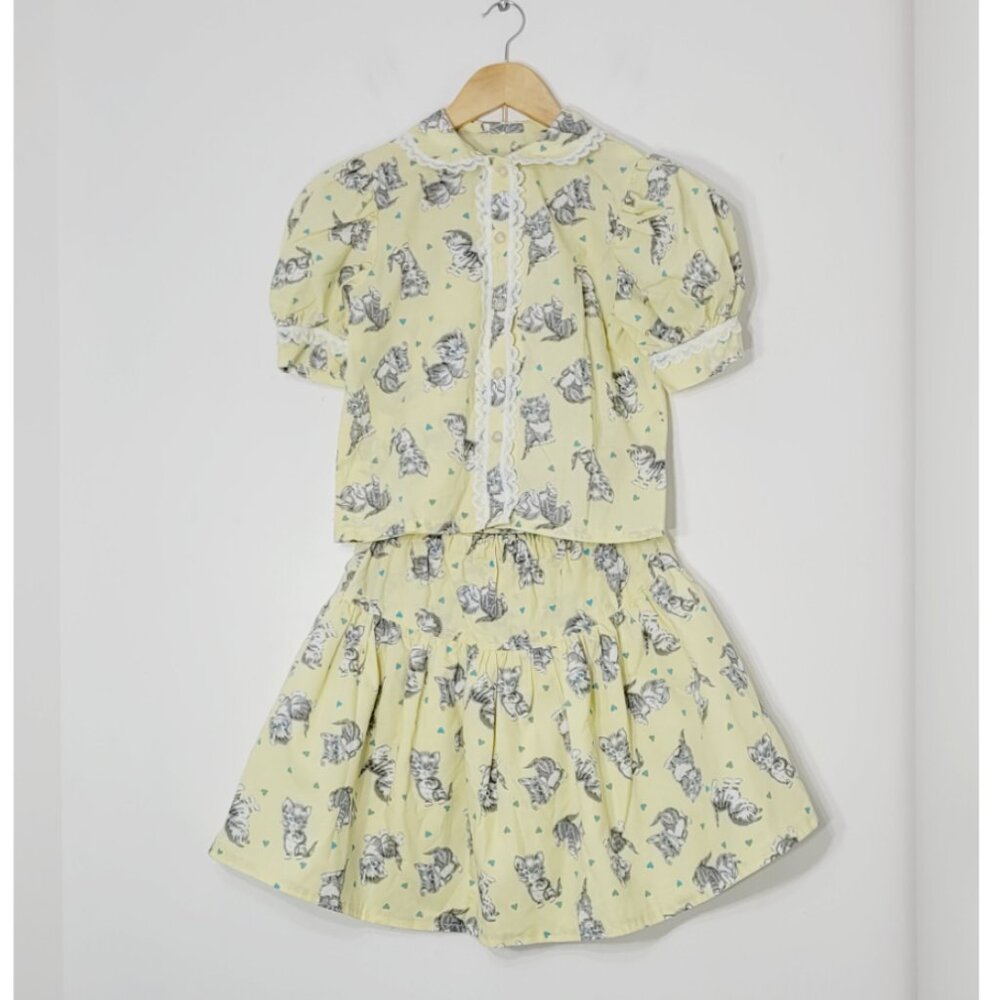 Handmade Yellow Set Gray Cats Print Button Down Blouse Puffy Sleeves Skirt Set